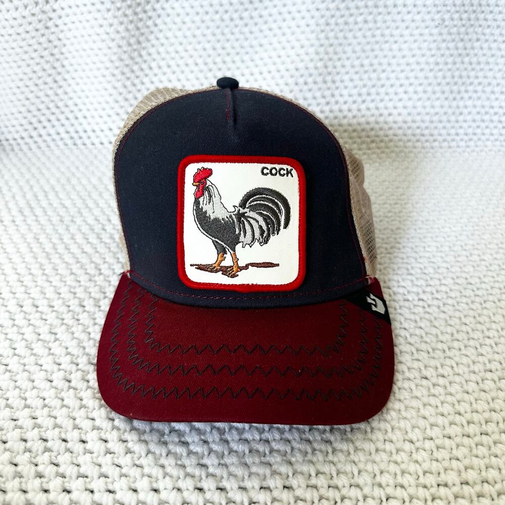 Goorin Bros The Farm Trucker Hat Red Blue Beige C ock Rooster Mesh Snapback